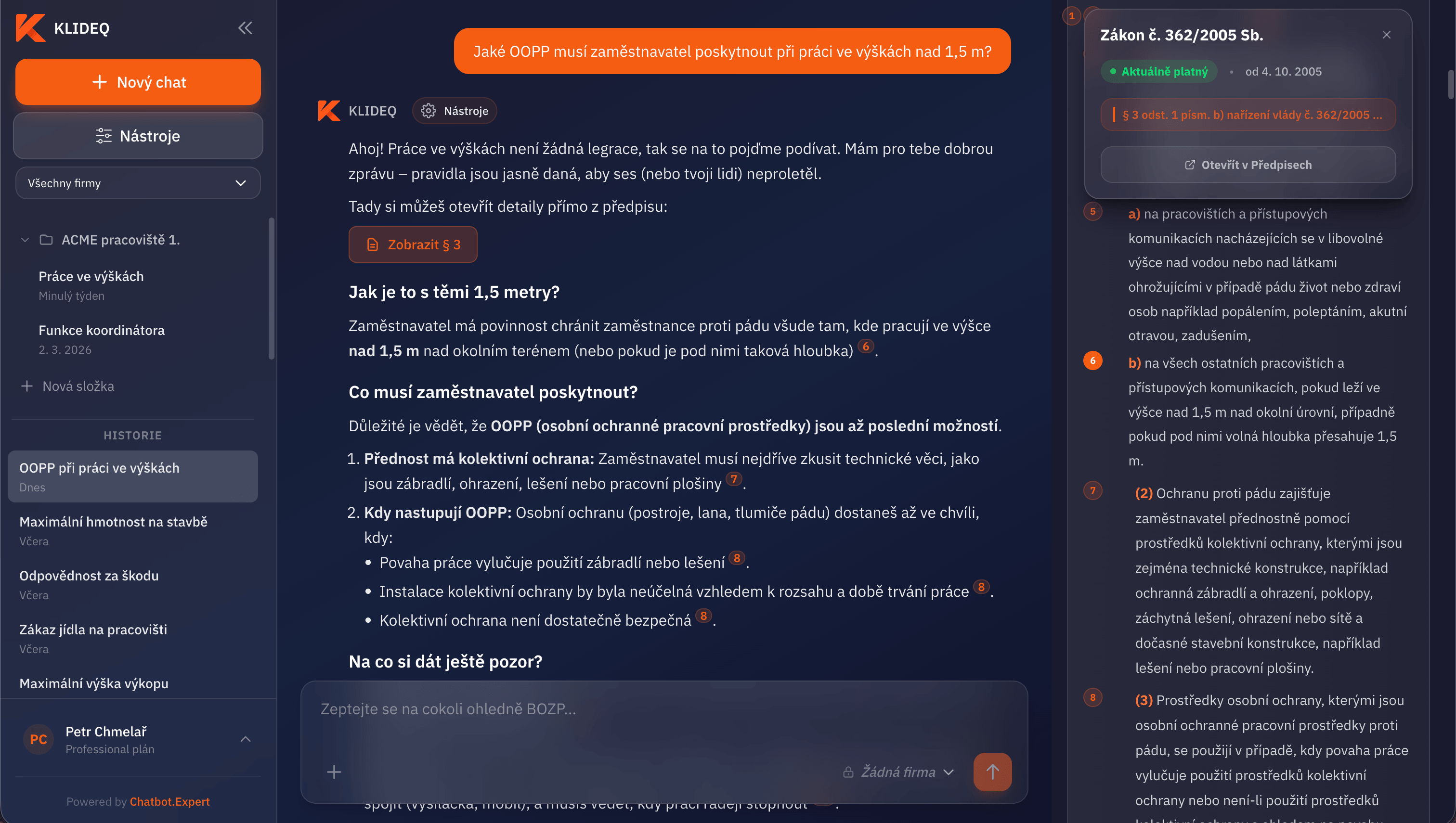 KlideQ AI asistent odpovídá na dotaz o OOPP při práci ve výškách s citací zákona 362/2005 Sb.