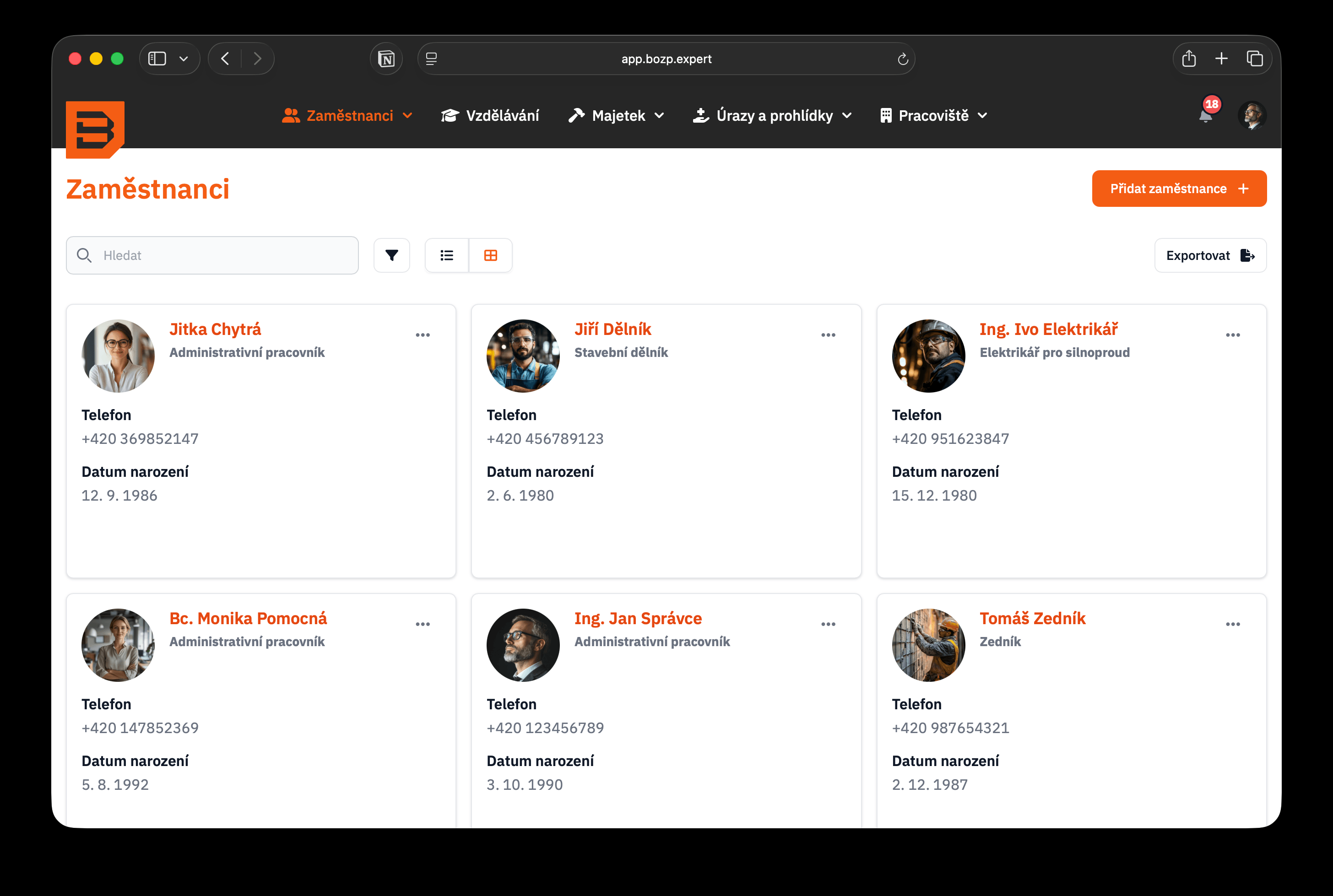 BOZP.Expert software dashboard s přehledem školení a přepínáním firem