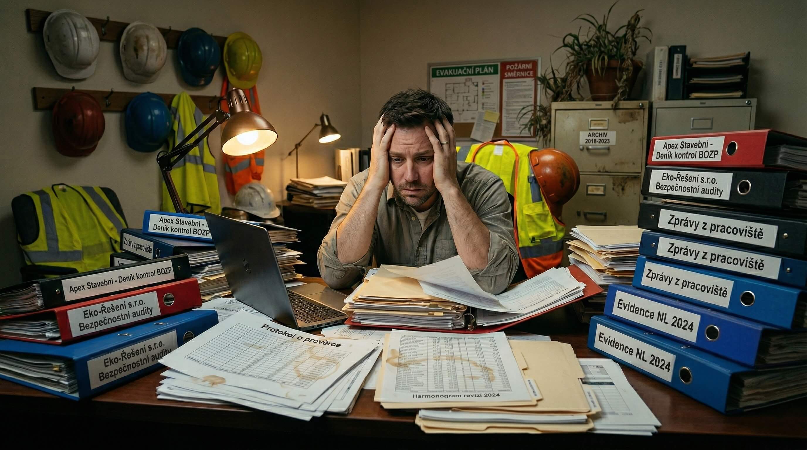 OZO specialista zahlcený papírovou BOZP agendou u přeplněného stolu s šanony a dokumenty