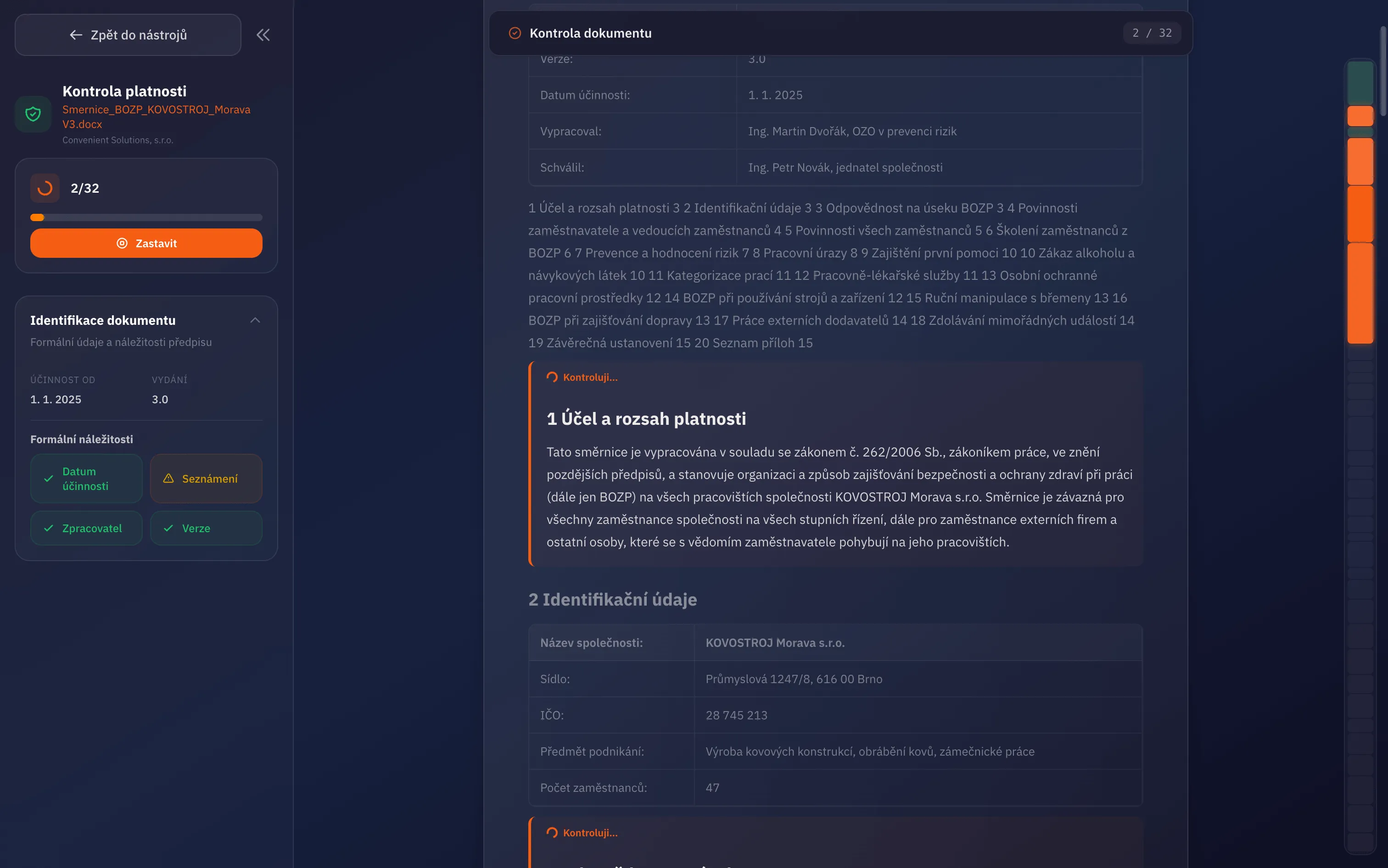 Průběh kontroly interního předpisu v KlideQ — progress bar, identifikace dokumentu s formálními náležitostmi a zobrazení analyzovaných klauzulí