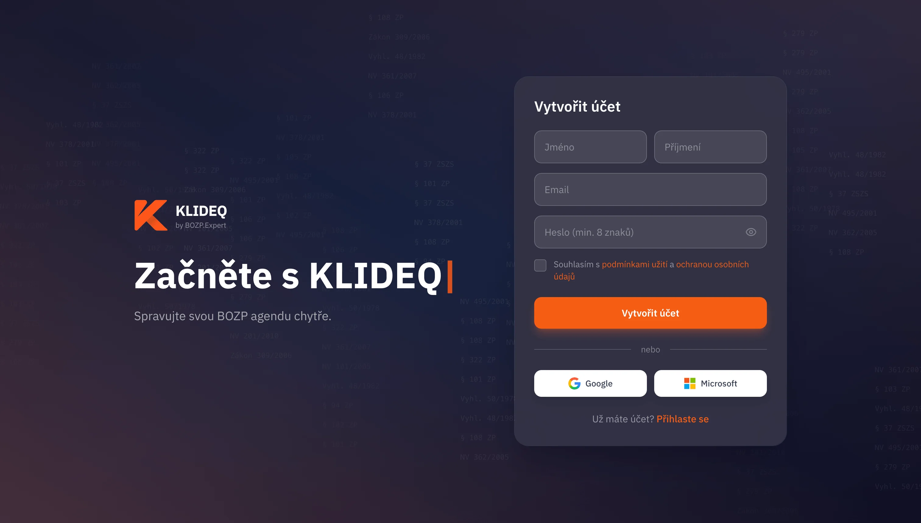 Registrační stránka KlideQ s formulářem a tlačítky pro přihlášení přes Google a Microsoft