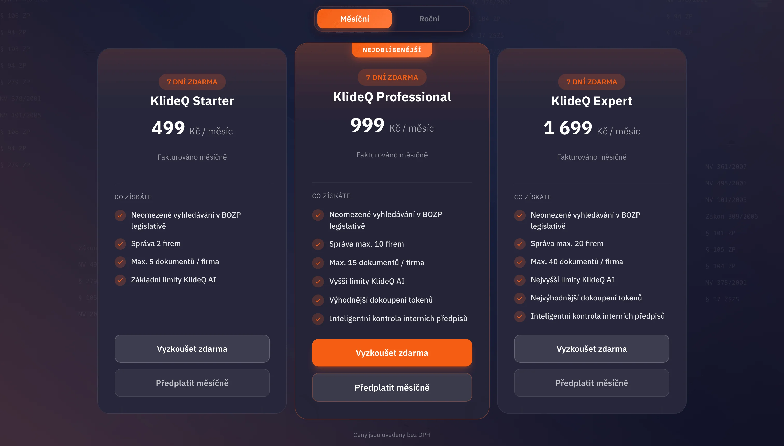 Výběr předplatného KlideQ — tarify Starter, Professional a Expert s přepínačem měsíční a roční fakturace