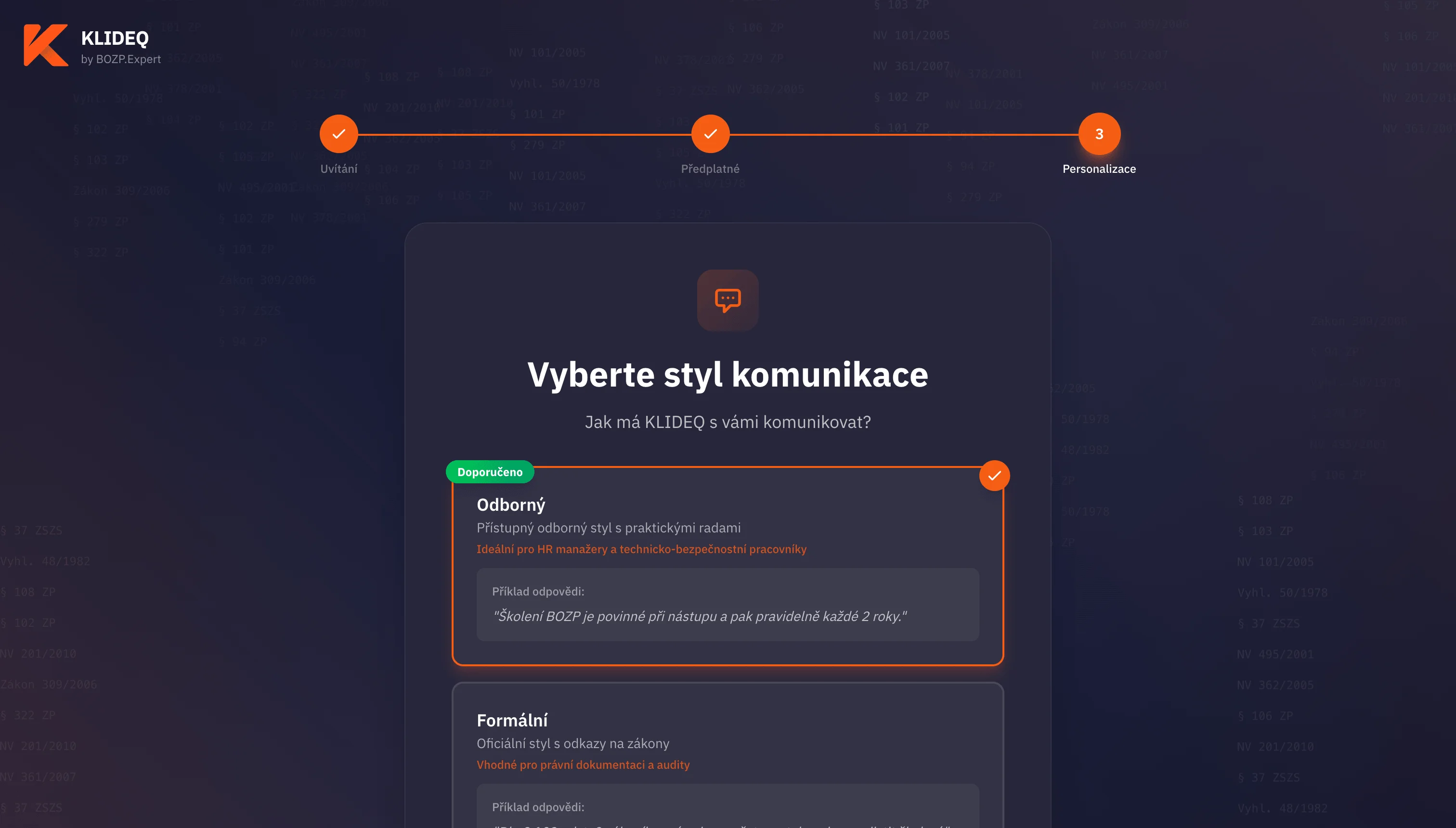 Výběr stylu komunikace AI asistenta — Odborný, Formální a Přátelský tón s ukázkami odpovědí