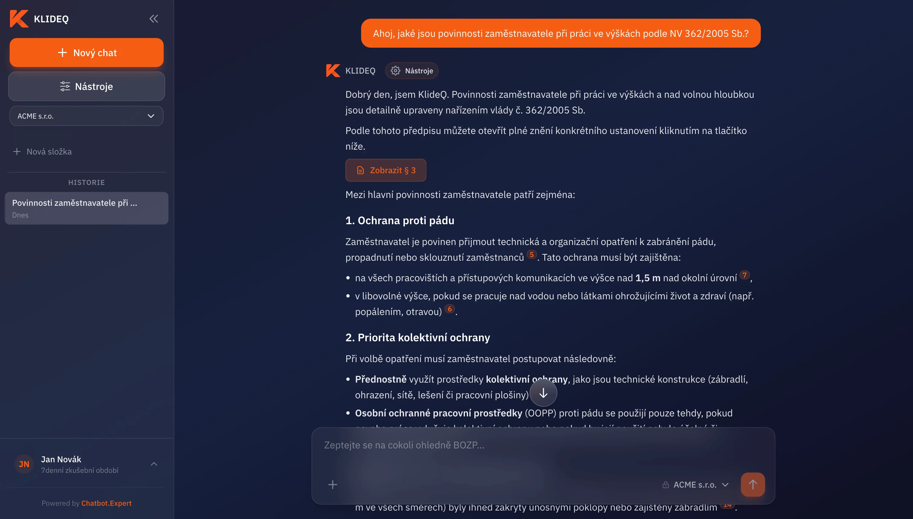 Chat s KlideQ AI asistentem — odpověď s citacemi zákonů o povinnostech zaměstnavatele při práci ve výškách