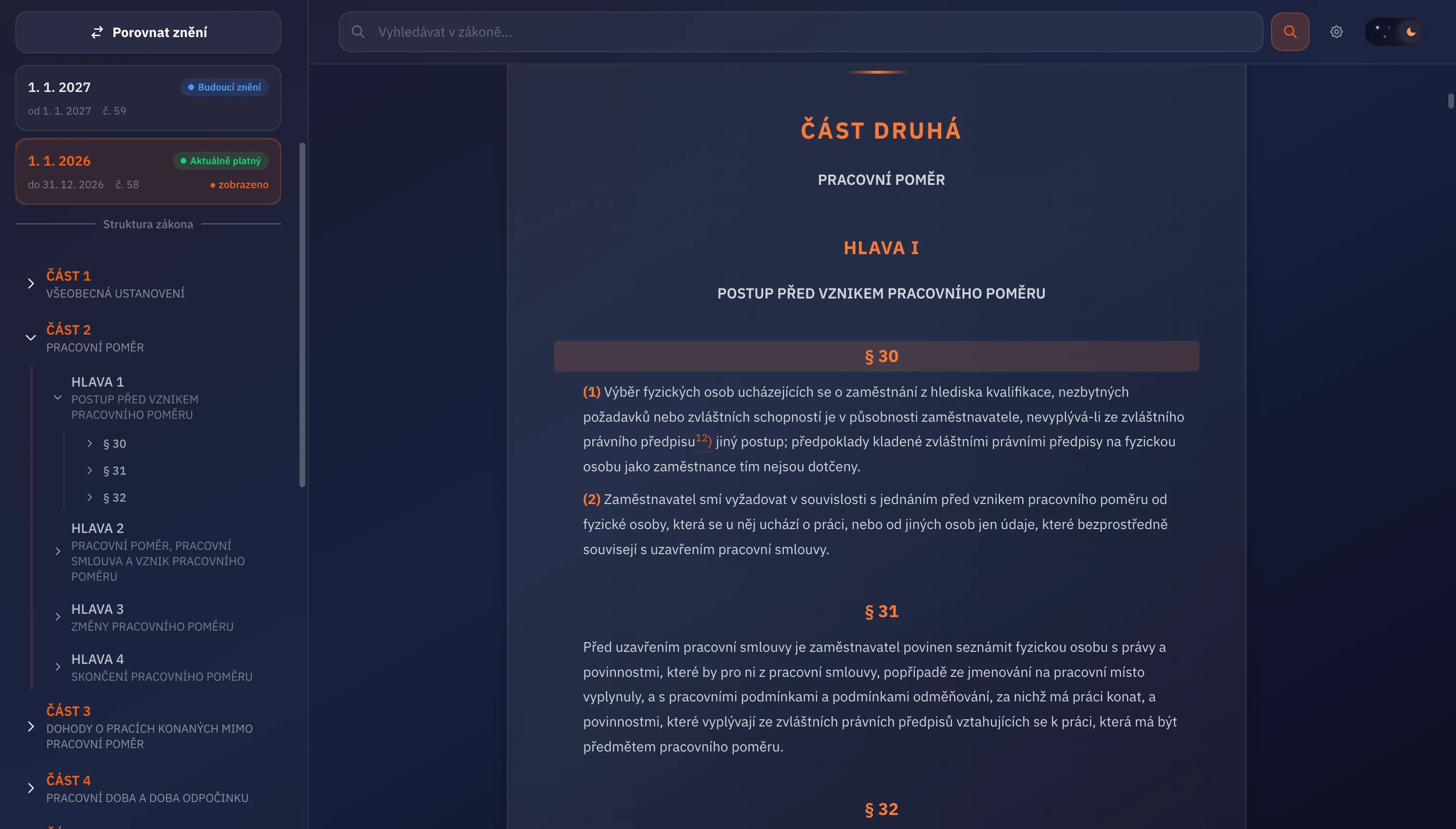 Navigace ve struktuře zákoníku práce — část druhá, pracovní poměr, § 30–32